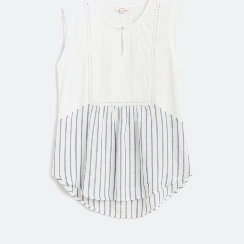 Sleeveless White and Blue Striped Mixed Material Top